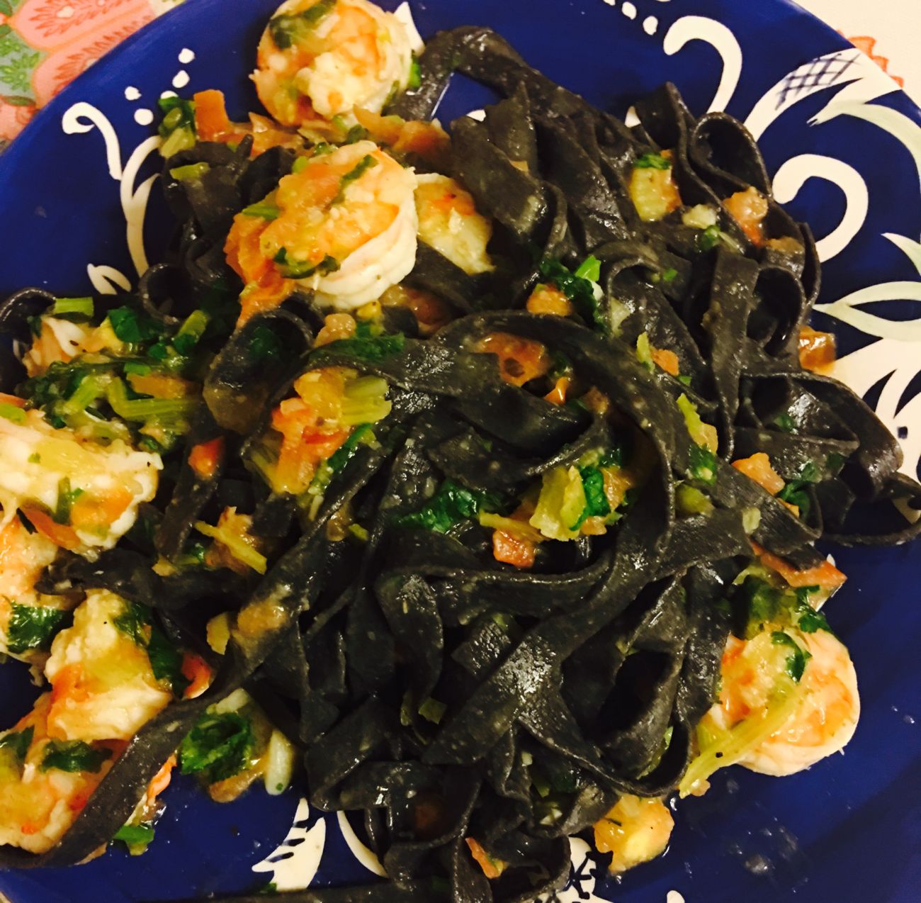 Squid Ink Pasta with Shrimp and Tomato Sauce